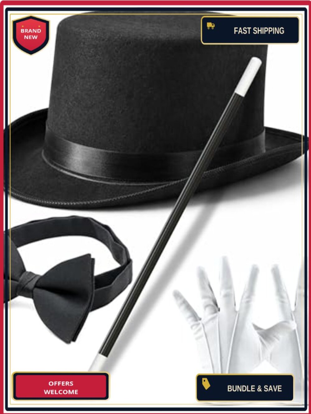 Magician Costume Accessory Set Top Hat Bow Tie Gloves Wand